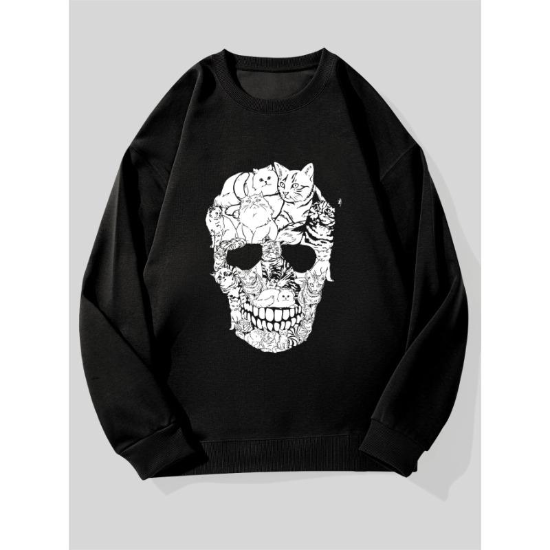 Men'S Skeleton Pattern With Cats Casual Crew Neck Sweatshirt.