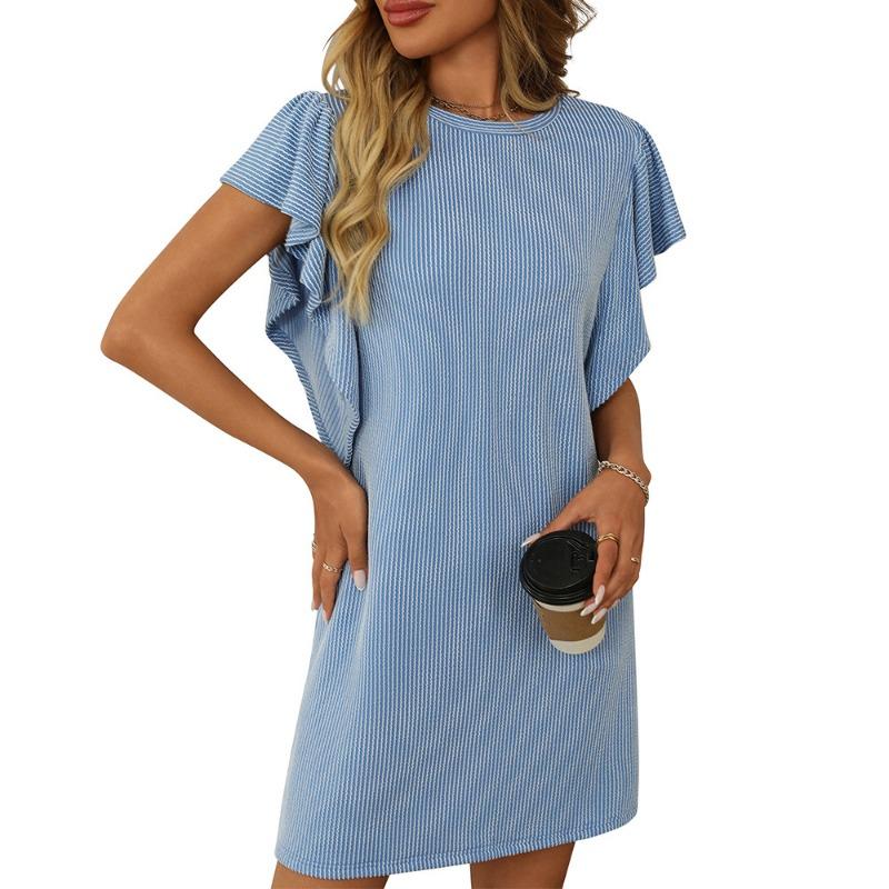 Summer Women's Contrasting Twisted Ruffle Solid Color Sleeves Mid Length Dress