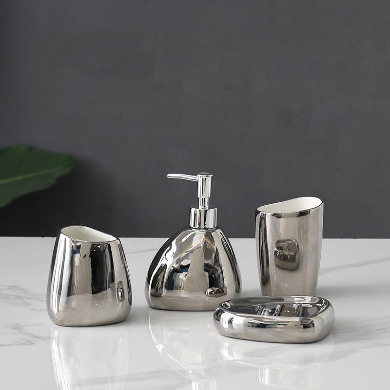 Set da 4/5 Pezzi Set Completo Moderno Ceramica Argento e Oro Set di Accessori da Bagno con Dispenser di Sapone per Arredamento Casa Moderna