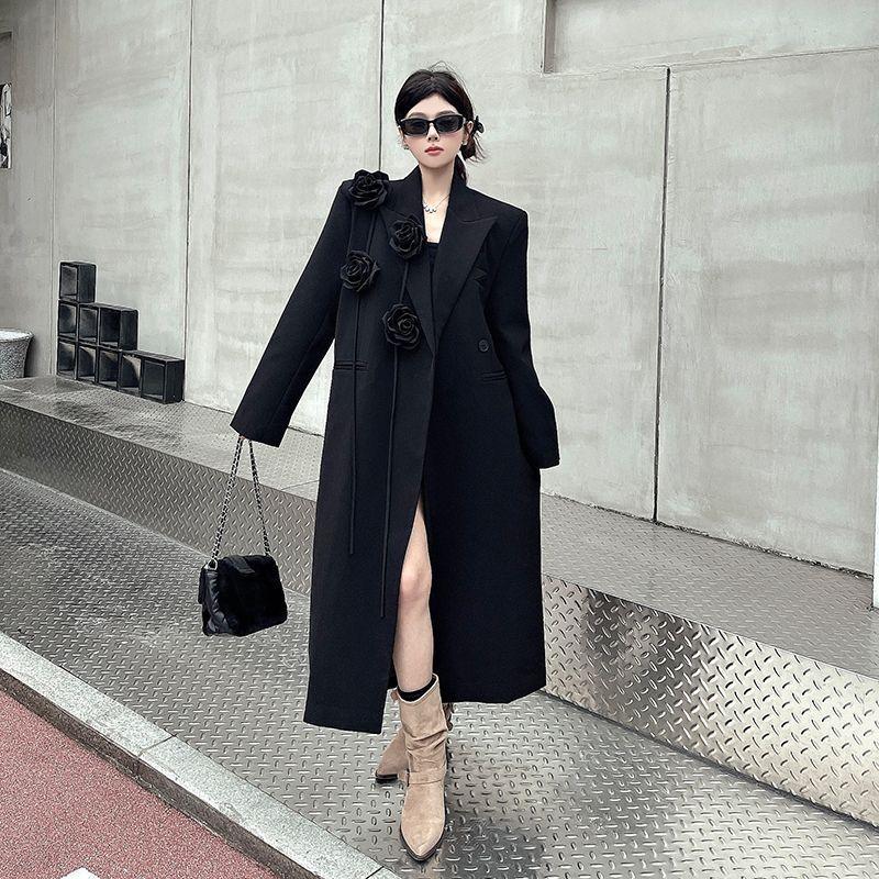 Loose Fit Black Womens Blazer Coat Winter Elegant Stereoscopic Floral Embroidery Heavy Duty Long Trench Suit Jacket