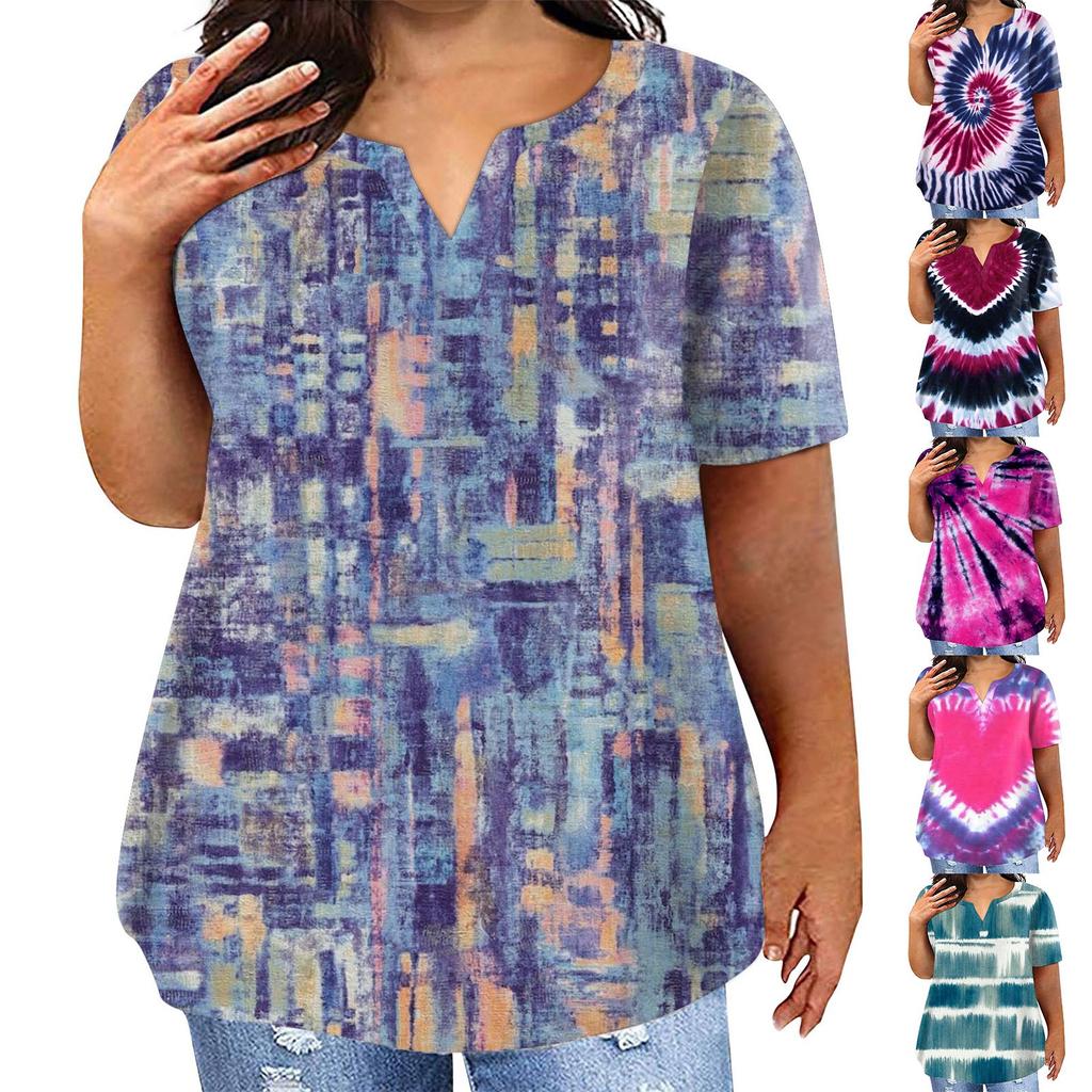 Fashion Plus Size Women's Casual Short Sleeve Round Neck Gradient Print T-shirt With Pockets