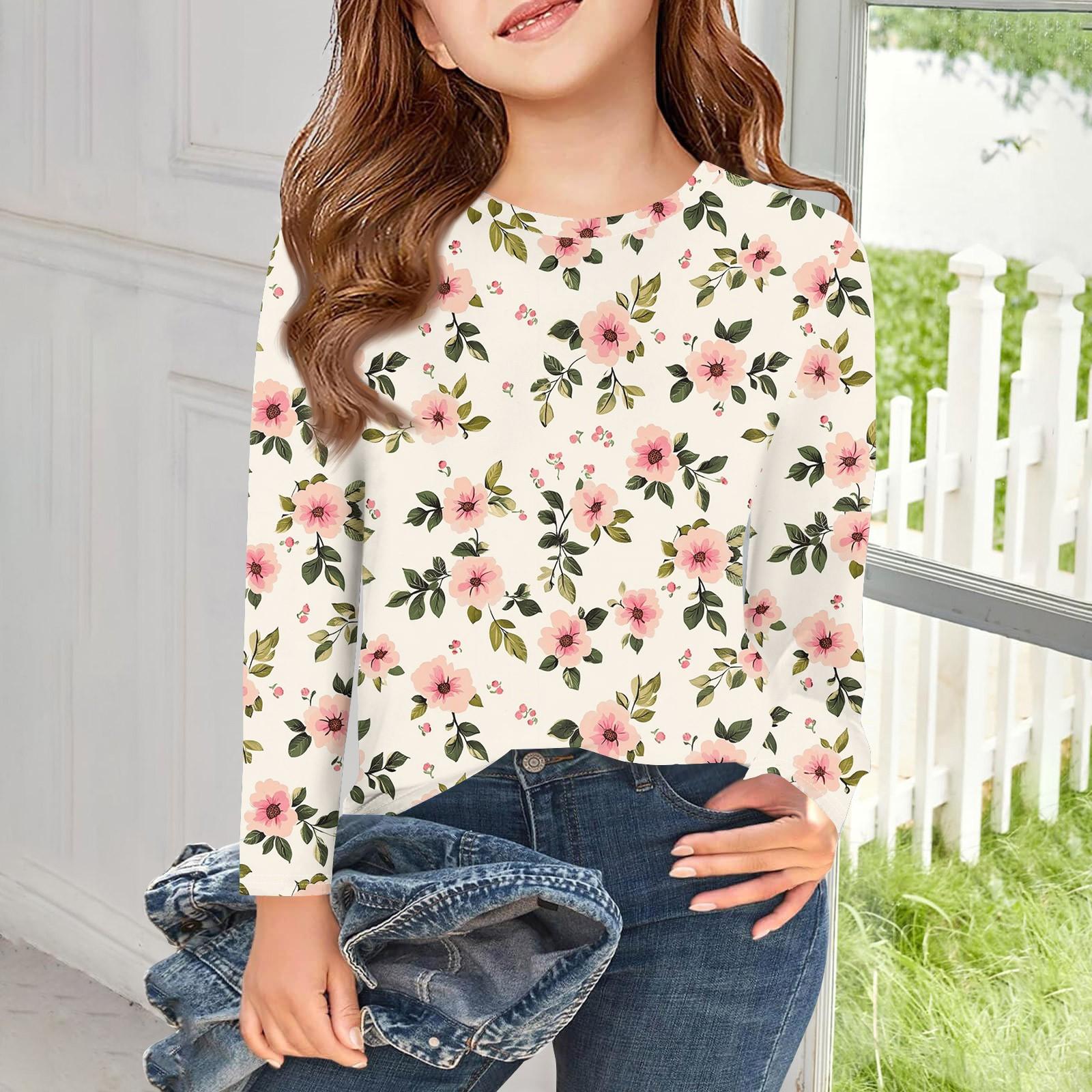 

Girls Long Sleeve T Shirts Kids Fall Tops Crewneck Printed Basic Tees 5-14Y 120 бежевий