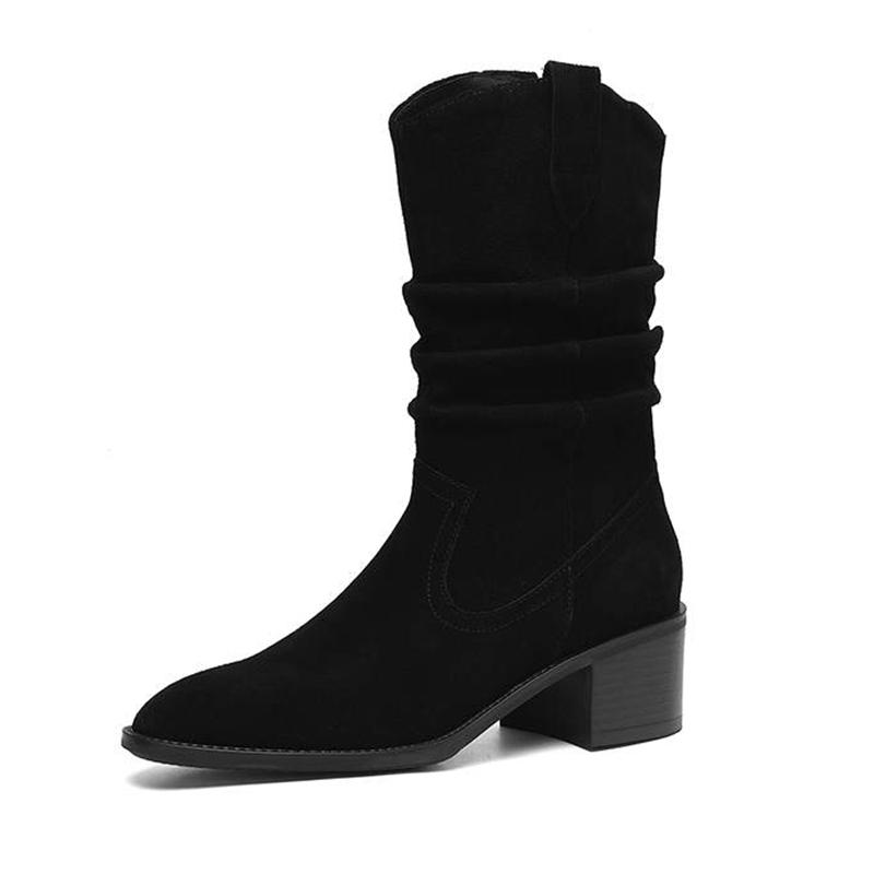 Krazing Pot Cow Suede Nubuck Winter Round Toe Modern Boots Med Heels Slip On Pleated Decoration Women Mid-calf Boots