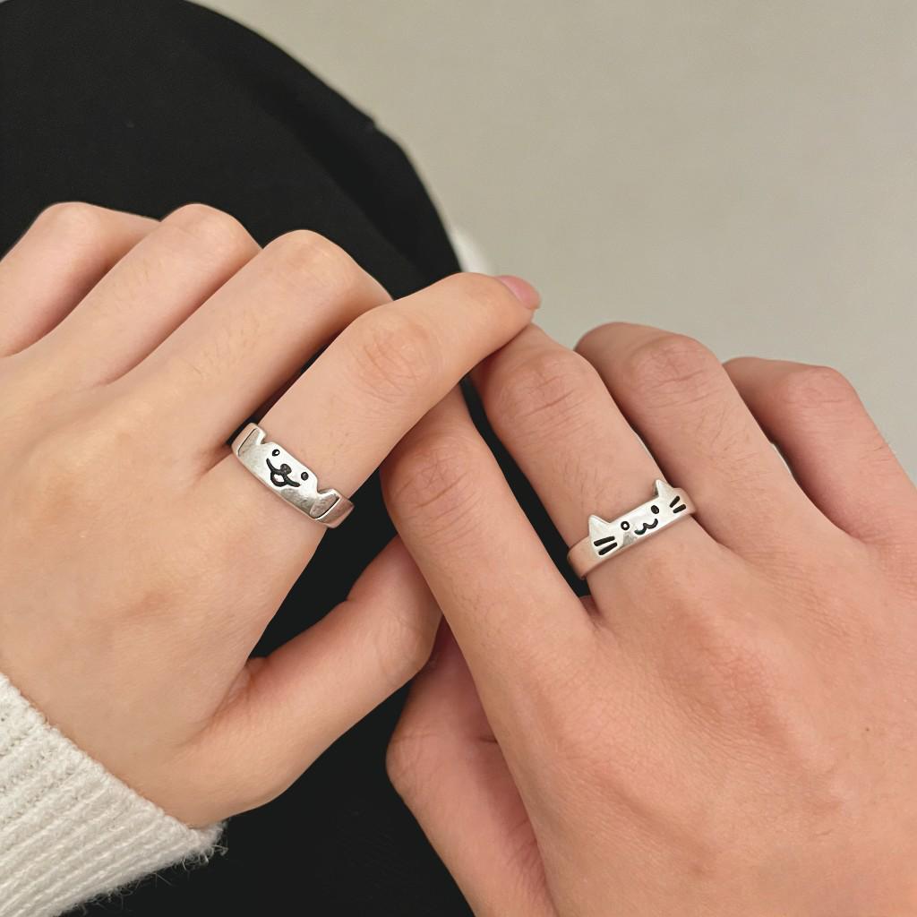 Sterling Silver Cat & Dog Couple Rings: Engravable, Light Luxury Design
