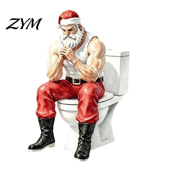 Humorous Christmas Home Decor Accessories Funny Muscular Santa Claus Toilet Seat Decal, Self?Adhesive PVC Decals Restroom Wall Sticker, Bathroom