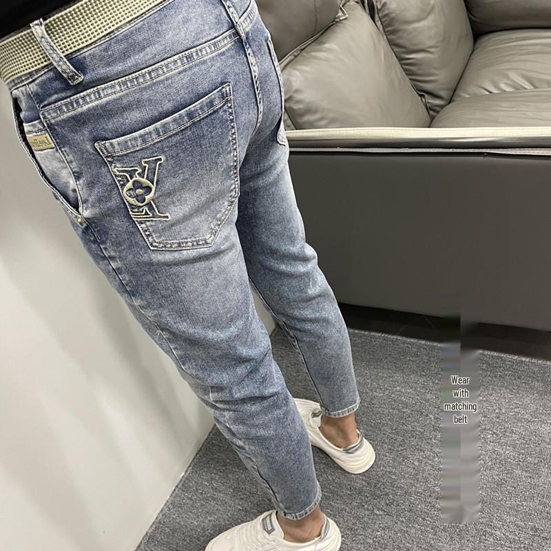 

Мужские модные голубые узкие джинсы с косыми карманами, повседневные эластичные брюки длиной девять очков 28 (suggested for 45-53kg)