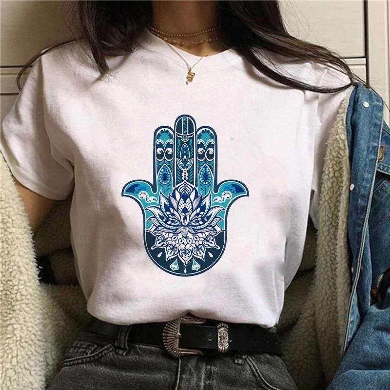 Hamasa Hand der Fatima Print Damen T-Shirts Lucky Hamsa Hand Harajuku Unisex T-Shirts Sommer Kurzarm Schwarzes Top Tees Weiblich