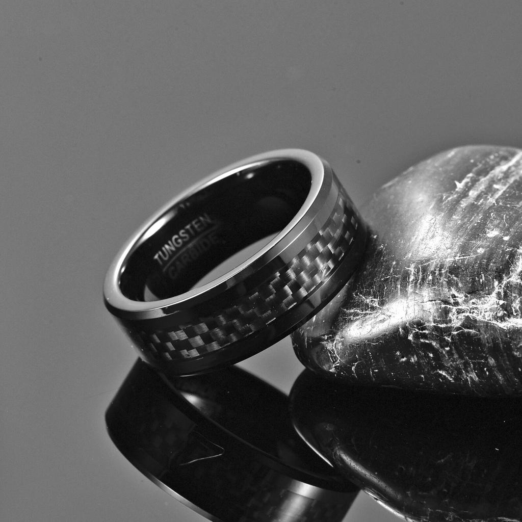 NUNCAD 8mm Width Men‘s Tungsten Carbide Ring Inlaid Black Carbon Fiber Black Tungsten Steel Ring Good Quality