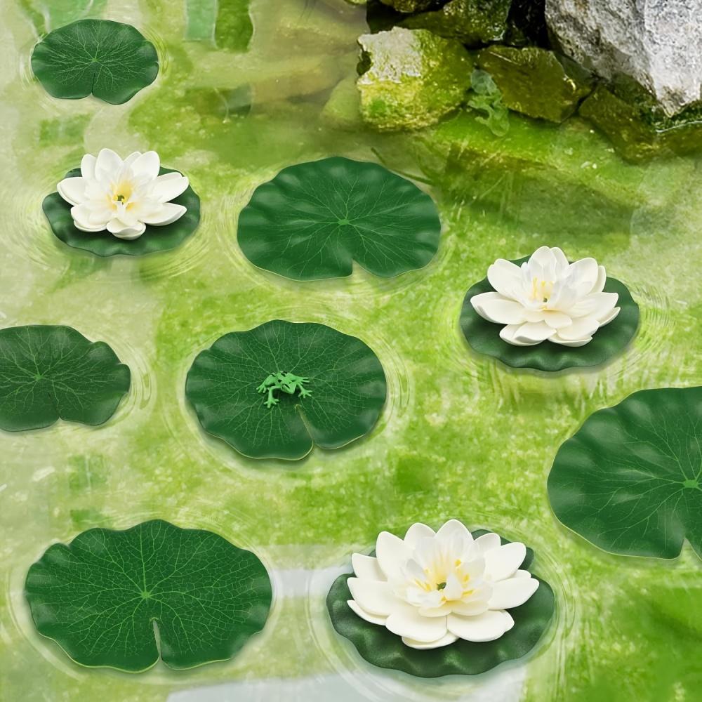 12-teiliges künstliches Lotus- und Blätter-Set - Außengarten, Schwimmbad - Fischteichdekoration - Weiß