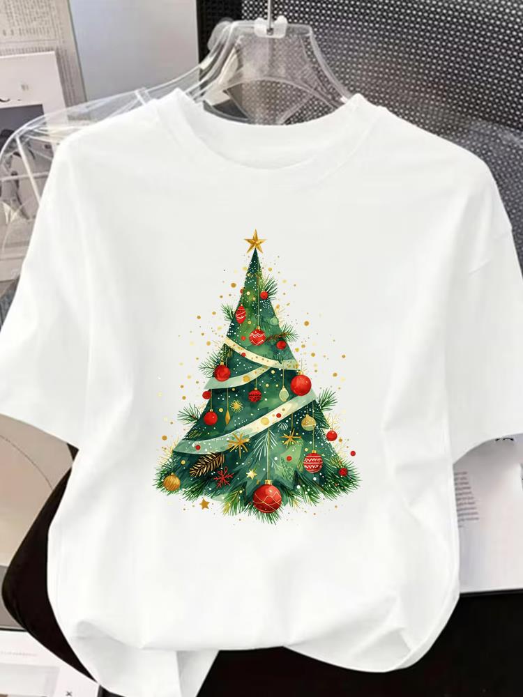 (Asian Size) Letter Tree 90s Short Sleeve T-shirts Women's Top O-neck T Shirt Print Merry Christmas Fashion Casual New Year Clothing Graphic Tee