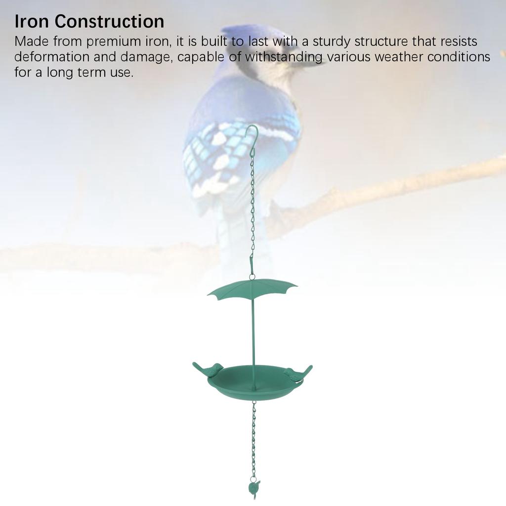 Hanging Bird Feeder Green Metal Large Capacity Umbrella Top Hanging Bath Tray for Outdoor Garden