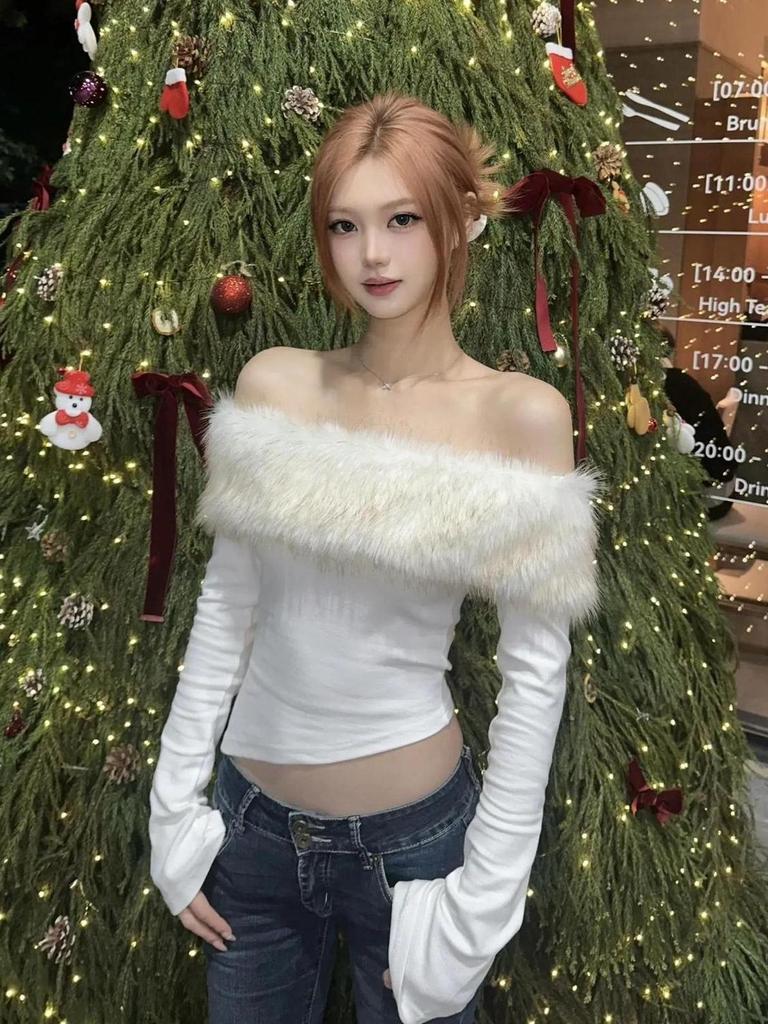 260g Cotton Modal Off-Shoulder Slim-Fit Top with Detachable Fur Collar