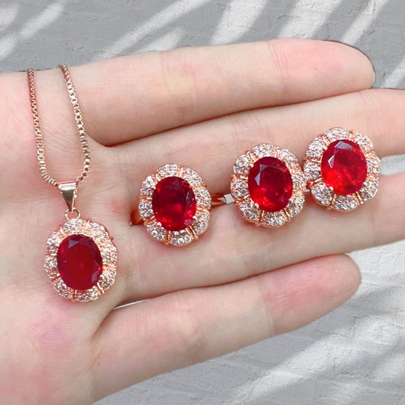 Elegant CZ Gemstone Pendant Necklace Set With Earrings Ring Women Blue Red Yellow Green Purple White Zircon Jewelry