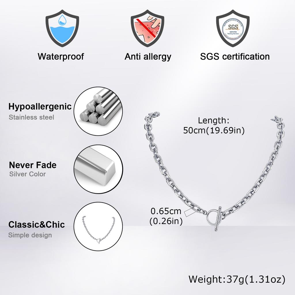 Stal Nierdzewna Naszyjnik z Zapięciem Toggle dla Mężczyzn Kobiet, 50cm Łańcuszek Figaro Link Collar, Klasyczny Rolo Chain Prezent