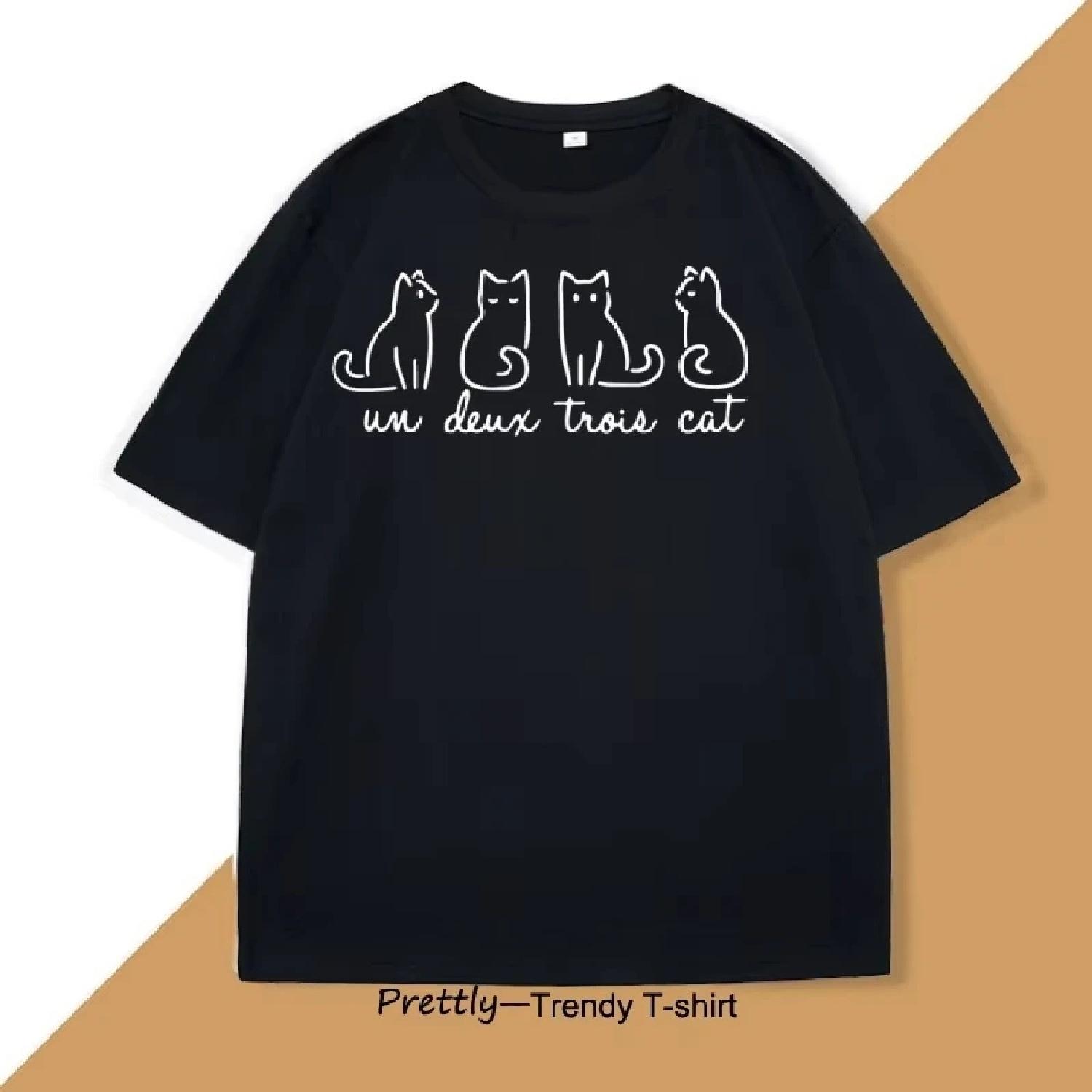 Un Deux Trois Cat T Shirt Casual Cat Mom T-Shirt French Teacher Tshirt Funny Cat T-shirt Men Women Causal Short Sleeve Tees S чёрный
