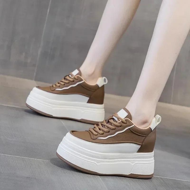 Fashion 9cm Synthetic Genuine Leather Spring Chunky Sneakers Shoes Women Combat Autumn Warm Winter Ankle Platform Wedge Booties