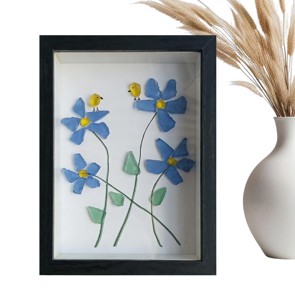 Sea Glass Picture Frame Sea Glass Flower Bird Desktop Decor Standing Art Picture Frames for Home Office Dorm Living Room Bedroom