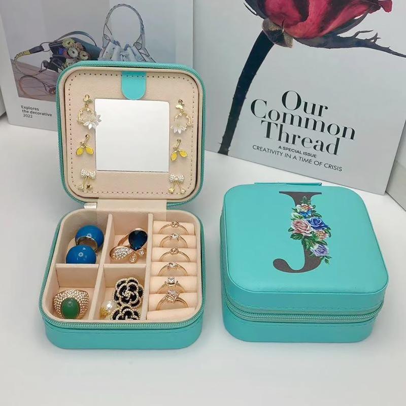 PU Leather Jewelry Box Mirror Storage Box 26 Letter Printed Portable Jewelry Organizer Earring Ring Necklace Case
