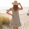 Women Sleeveless Vintage Dress V Neck Striped Pattern Ruffle Hem Casual Loose Fit Summer Beachwear