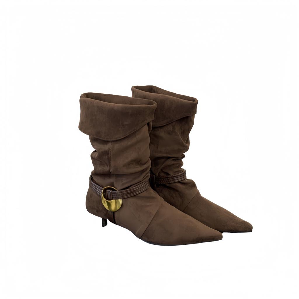 2025 niche pointed western boots folded stacking boots autumn and winter new fashion temperament thin high heel medium boots