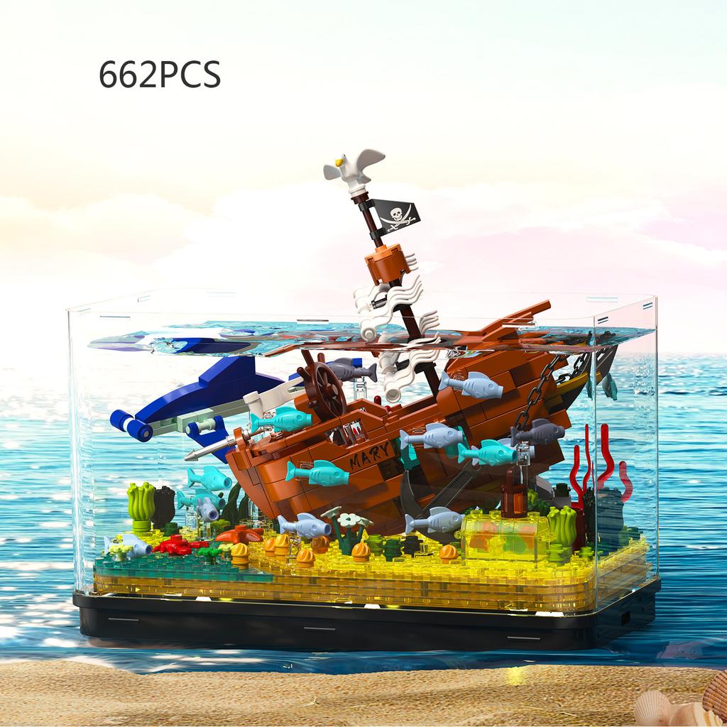 Real Culturable Fish Tank Underwater World Building Brick Titanic Silent Mary Pirate Ship Mini Block Toys Collection With Light