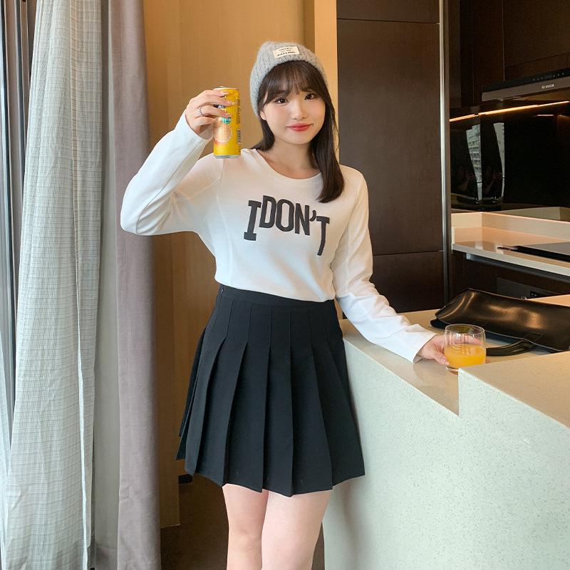 Podzimní preppy styl plus size plisovaná sukně s vysokým pasem pro ženy