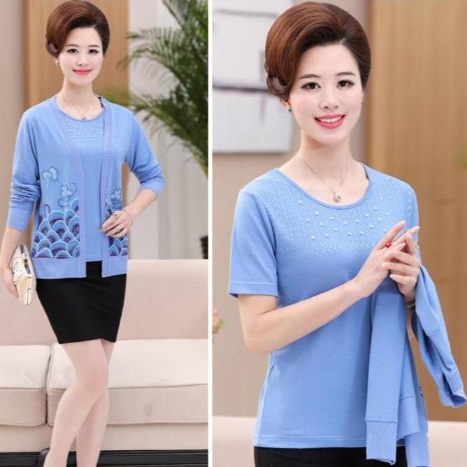 2PCS Spring/SummerAutumn Women's Knitted Cardigan Sweater + Short Sleeve Knitted T-Shirt Two Piece Set Plus Size Open-front Knitted Jacket