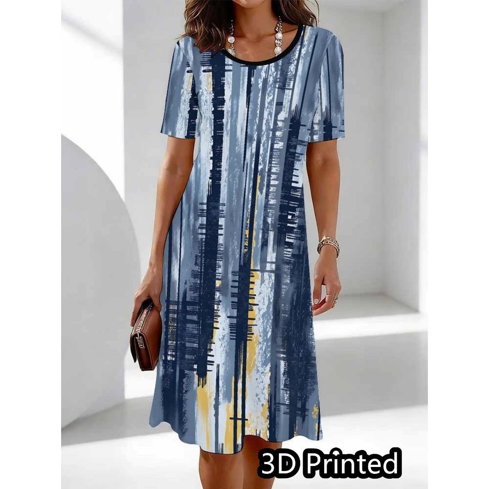 Big Size S-6XL Women's Printed Dress Summer Short Sleeve Round Neck Casual Mini Dress