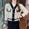 Autumn And Winter Color-blocking Knitted Top Women Cardigan Long-sleeved V-neck Short Coat Fashion All-match Top