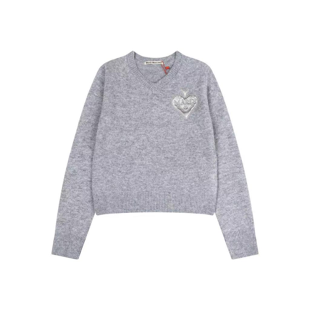 In-Stock MARDI Spring V-Neck Satin Black Heart Casual Sweater for Women