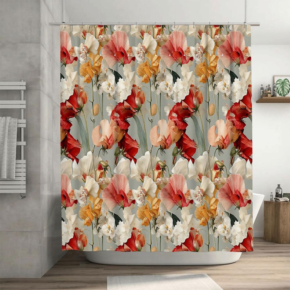 Floral Shower Curtain Botanical Flowers Green Grey Bathroom Decor Vintage Rustic Farmhouse Washable Waterproof Modern Style