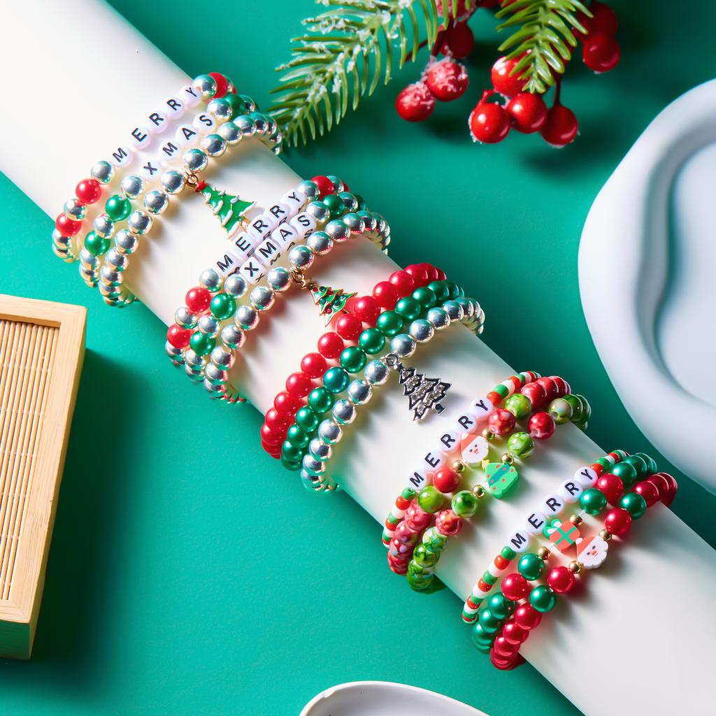3Pcs Christmas Bracelet Set For Women Colorful Beaded Santa Claus Xmas Tree Snowflake Snowman Pendant Bracelets Festival Gifts