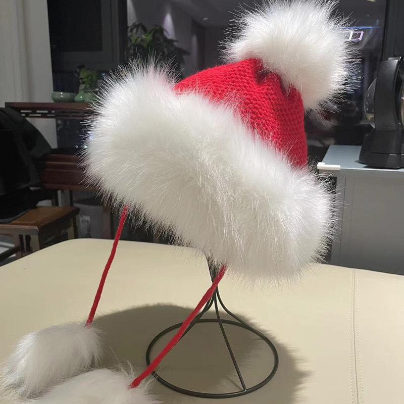 JYL TS DIY Red Beanie Women Christmas Pom-pom Fleece Ski Hat Acrylic