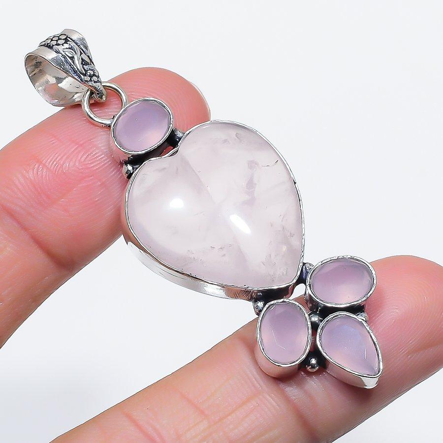 Natural Rose Quartz, Chalcedony 925 Sterling Silver Jewelry Pendant 2.40" n6G07