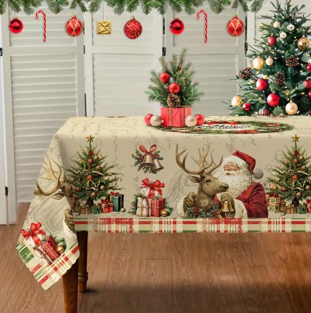 Vintage Winter Wonderland Christmas Tablecloth with Santa Reindeer & Snowman Patterns - Rectangular Table Cover