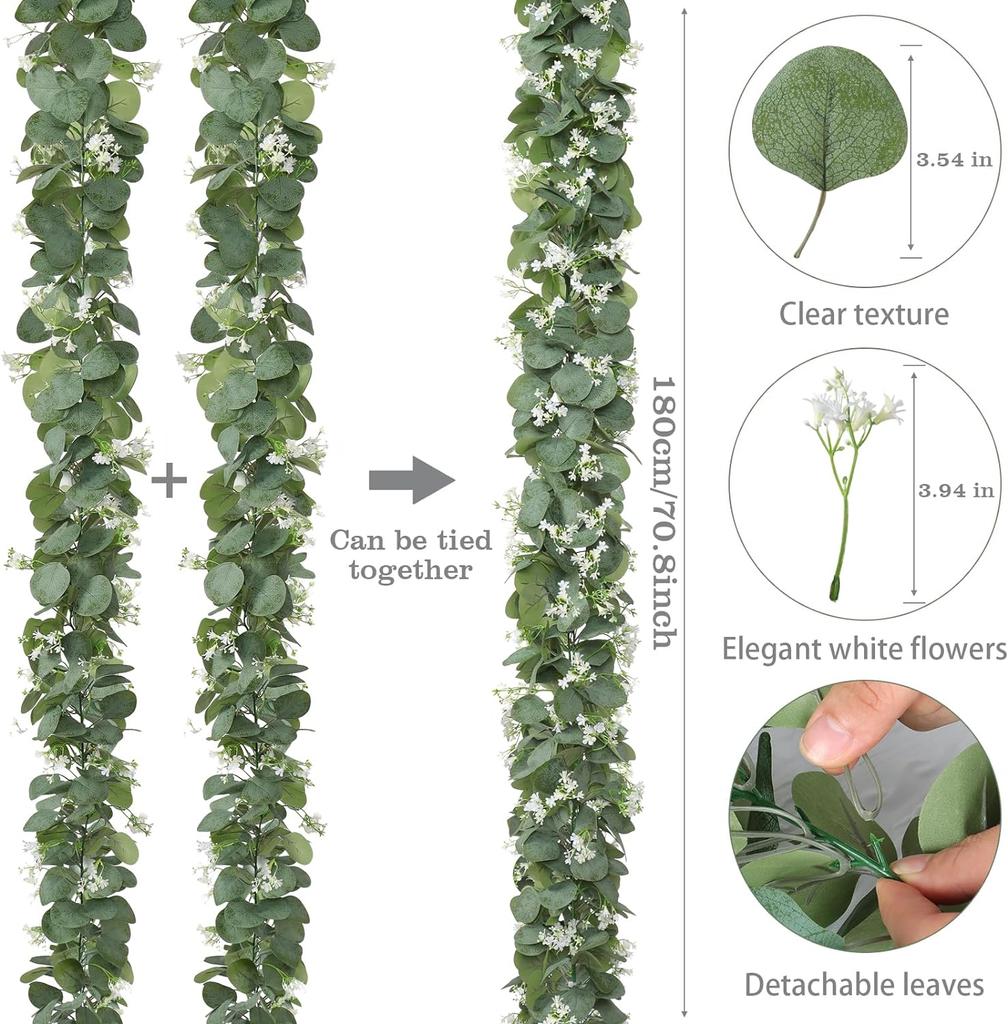 Eucalyptus Garland with White Flowers 4 Packs 5.9Ft Artificial Silver Dollar Eucalyptus Leaves Plant Fake Greenery Hanging Ivy Vines Faux Wreath
