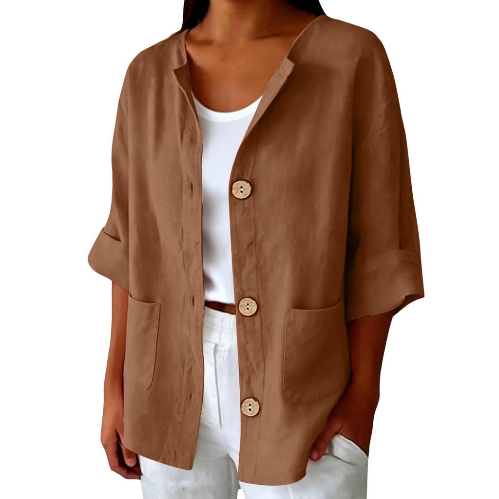 Women Casual Solid Color Linen Cotton Blend Cardigan Button Front Pocket Long Sleeve Lightweight Jacket