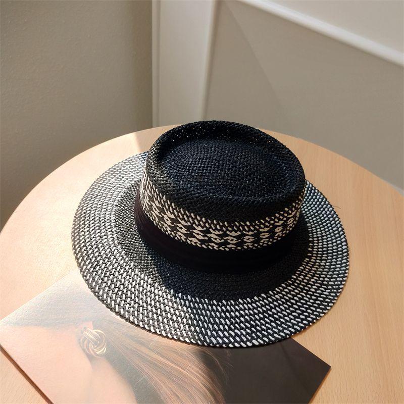 European and American style hand-woven mixed color hollow concave flat top hat women's retro versatile summer travel sun hat