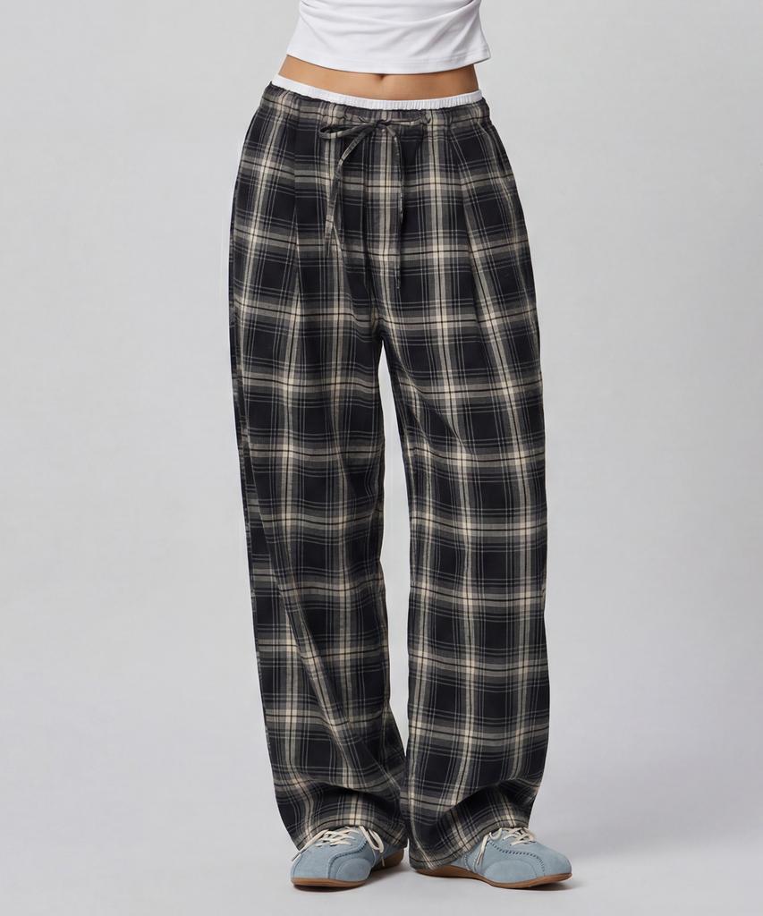 Beodeonteu Check Layered Single-Pleat Wide Pants [Black]