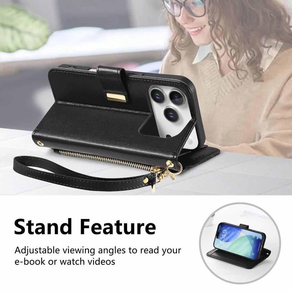 Wallet Case for iPhone 17/16e/16 Plus/15/14/13/12 Pro Max Lanyard Zipper Dual Card Holder Flip Stand Magnetic Buckle Cover