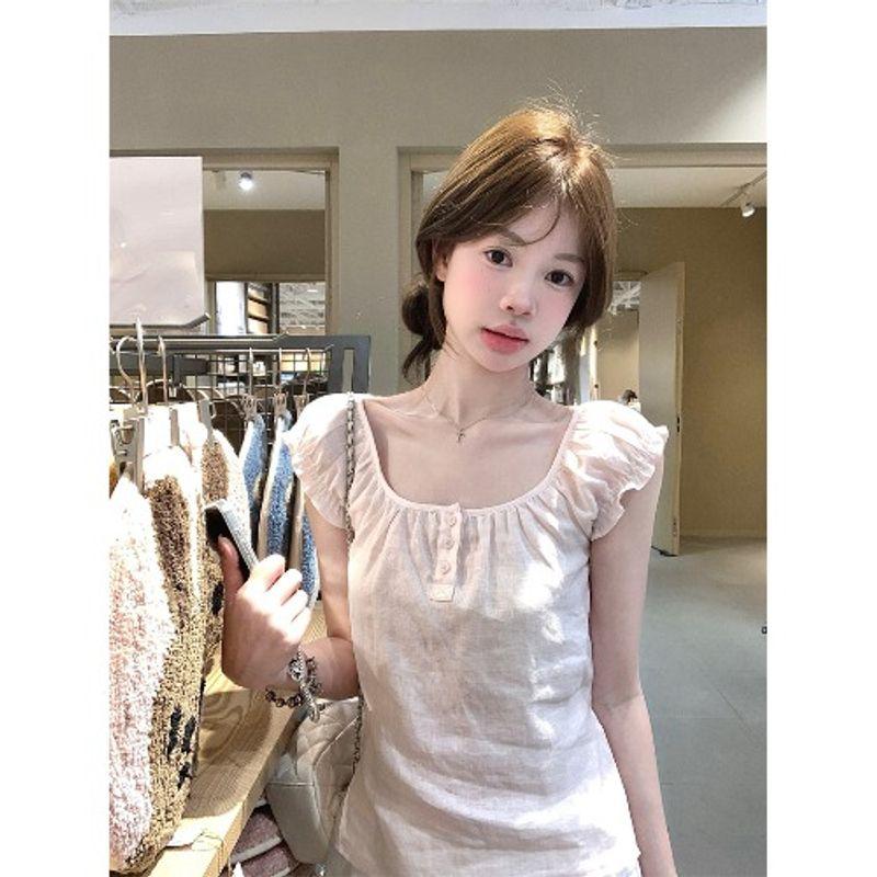 

Kumikumi Sweet Style Pink All-Match Small Flying Sleeve Shirts Women clothes Summer Niche Age-Reducing Slimming Chic Top Pink L