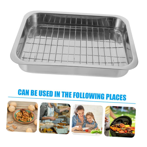 GRIRIW Stainless Steel Baking Tray with Rack, Oven Tray Set, Rectangular Kitchen Pan, Multifunctional Ovenware for Toaster, Baking, and Serving