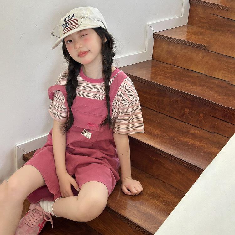 Girls Summer Striped T-shirt and Overalls Shorts Two-Piece Set 140cm