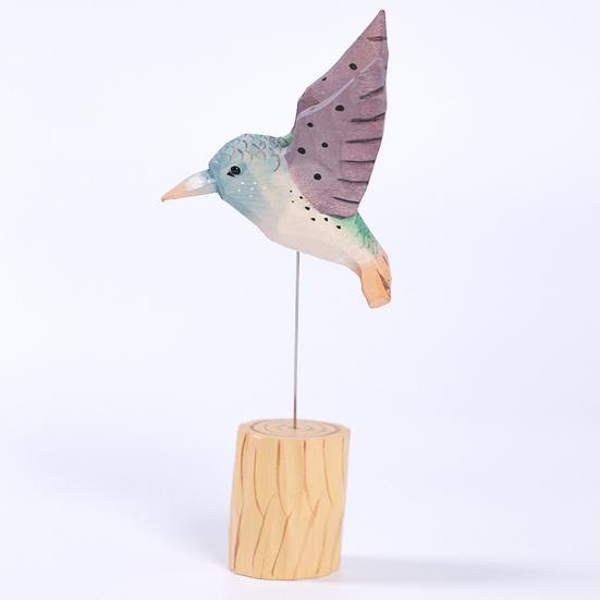 Wood Carving Hummingbird Ornament with Tree Stump/Bell Handcrafted Bird Figurine Statue Sculpture