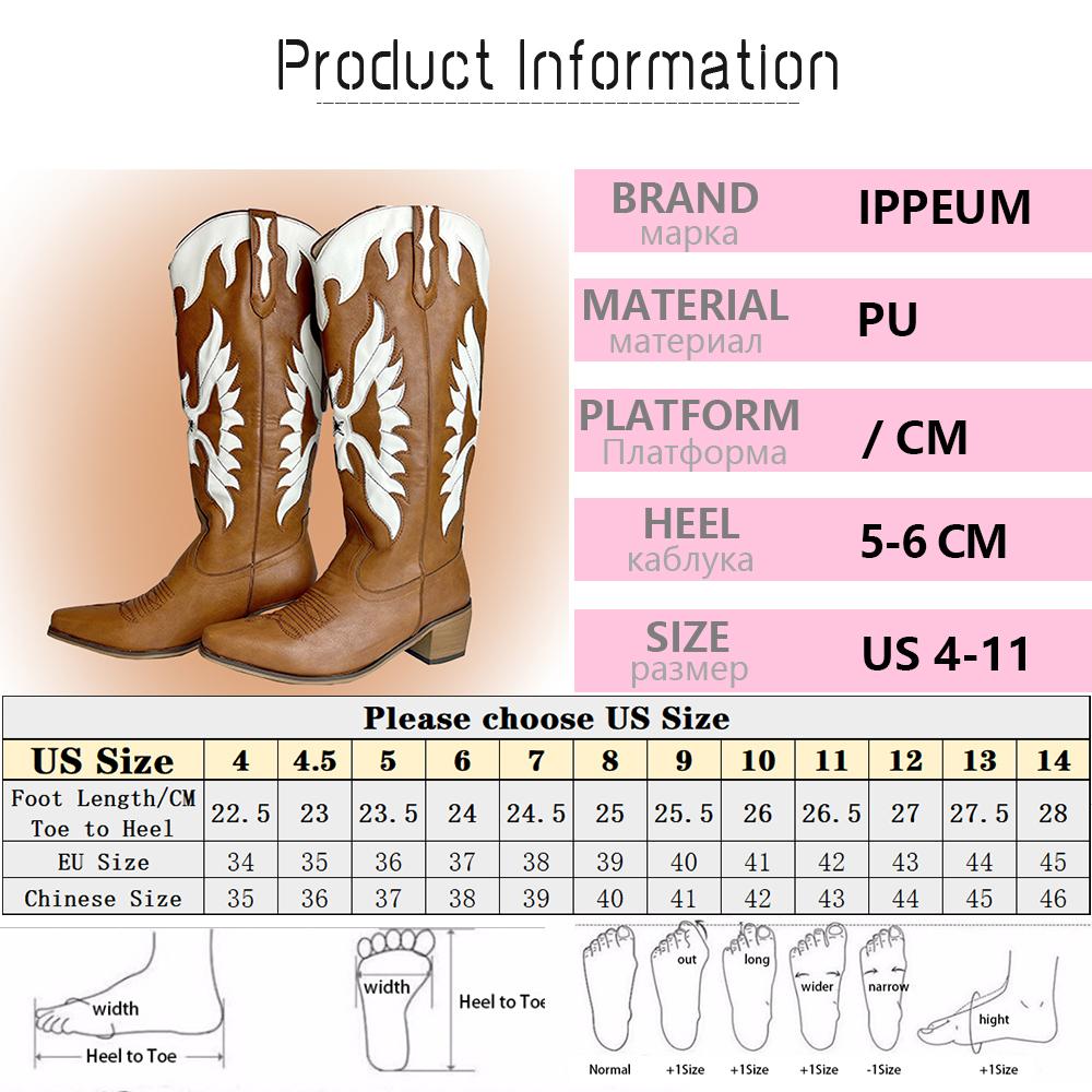 Fashion IPPEUM Western Cowboy Boots For Women Firebird Embroidery Leather Knee High Boot Country Western Brown Cowgirl Shoes Plus Size44