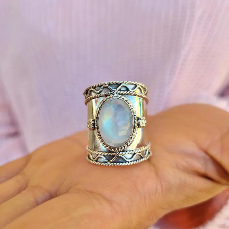 Bohemian Retro Antique Silver Moonstone Wide Ring