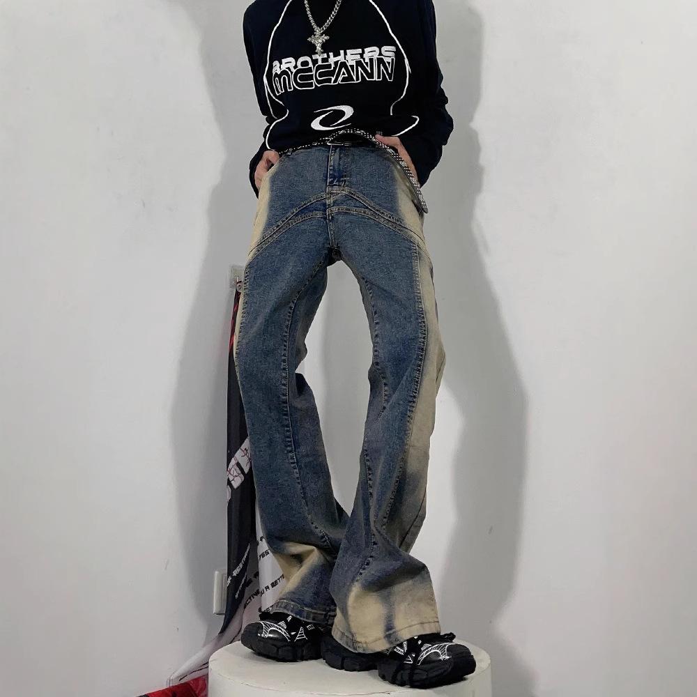 American high street vibe washed retro micro-flared jeans men's hiphop loose and thin trousers trendy pants trendy
