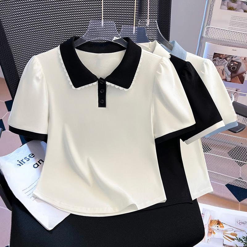 Damen Polo-Kragen Kurzarm T-Shirt Sommer Falsches Zweiteiler Oberteil Bluse