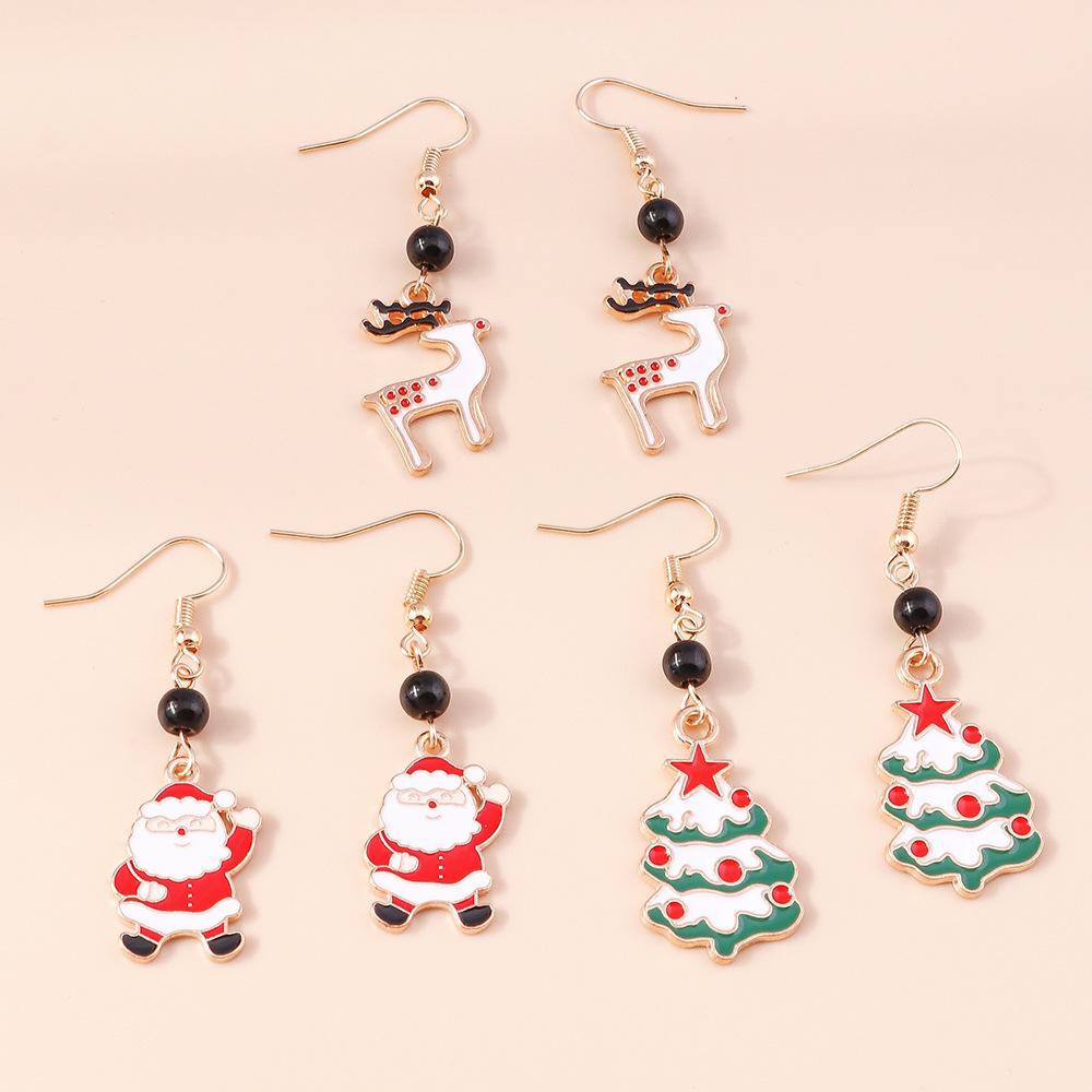 European-American Christmas Earrings Set: Santa, Tree & Reindeer Pendants