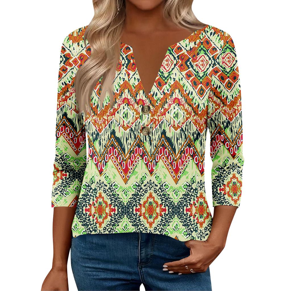 3/4 Sleeve Womens Tops For Women Henely Tops Button V Neck Loose Fit Dressy Womens Summer Tops